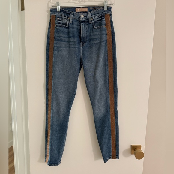 7 for all Mankind high waisted denim jeans with gold trim at sides, size 26 - Picture 2 of 5